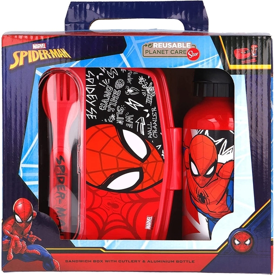 Spiderman Set Sandwichera Botella Con Cubiertos