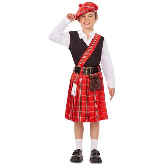 Disfraz Escocés Boina, Camisa, Manto, Cinturón Y Falda Con Bolso Talla 5-6 Y