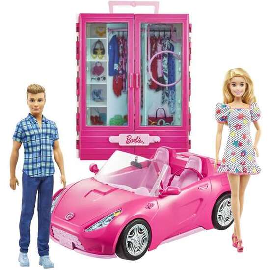 Comprar Muñeca Barbie Y Ken Con Su Armario Y Coche Descapotable Rosa De Dos Plazas. Incluye Accesorios.