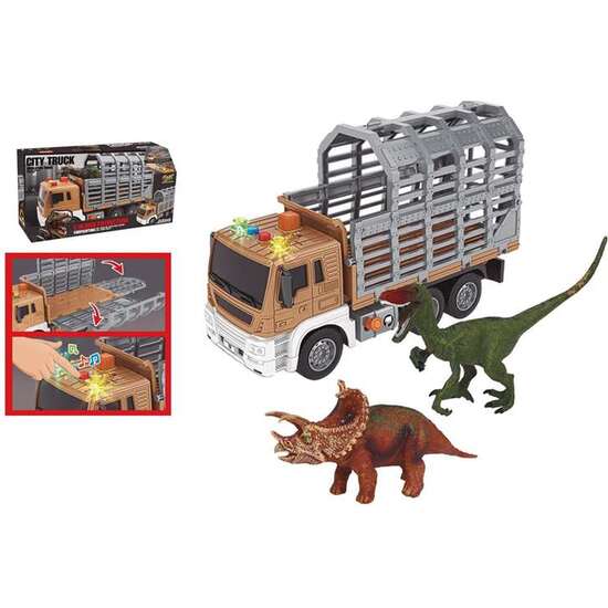 Camión Porta Dinosaurios, Incluye 2 Dinosaurios, Con Luces Y Sonidos, Escala 1:16