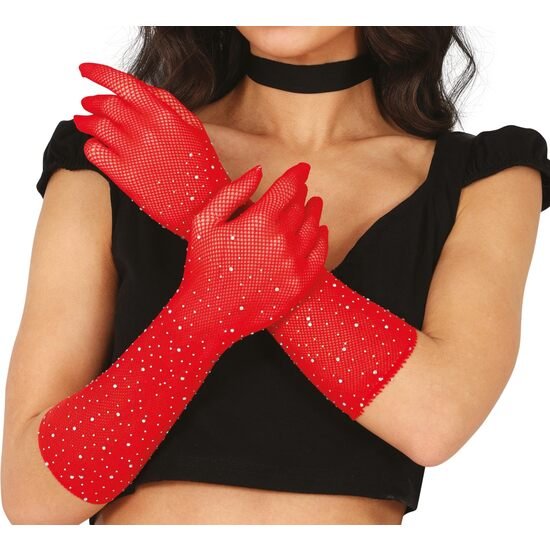 GUANTES MALLA ROJOS CON PEDRERIA 30 CMS, ADULTA GUIRCA